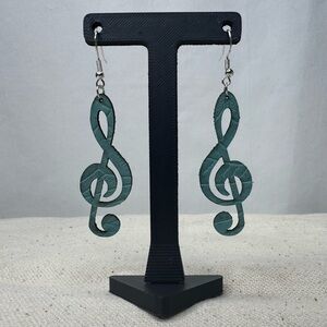 Treble Clef Aqua Blue Embossed Leather Earrings